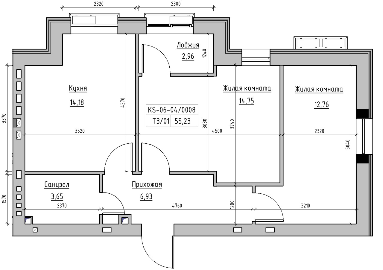 Планування 3-к квартира площею 55.23м2, KS-006-04/0008.