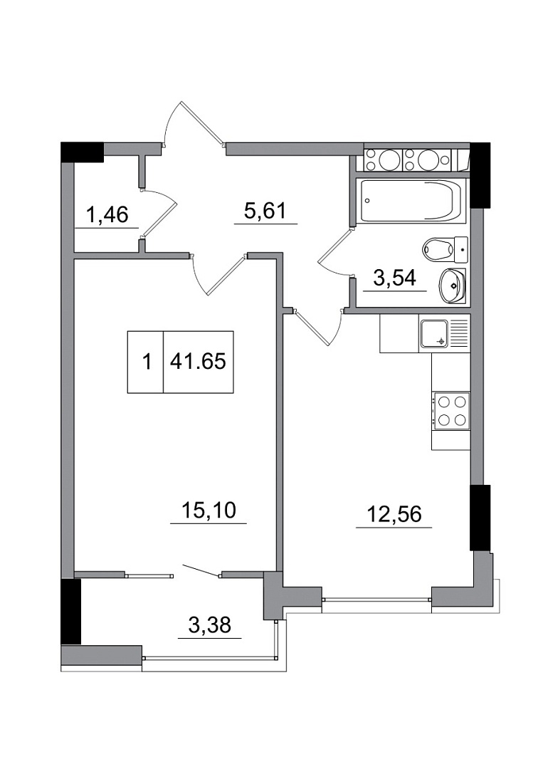 Планування 1-к квартира площею 41.65м2, AB-05-09/00009.