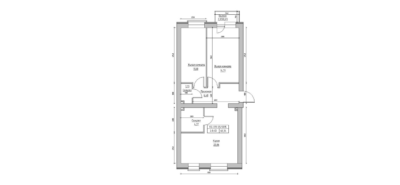 Planning 1-rm flats area 24.96m2, KS-019-05/0015.