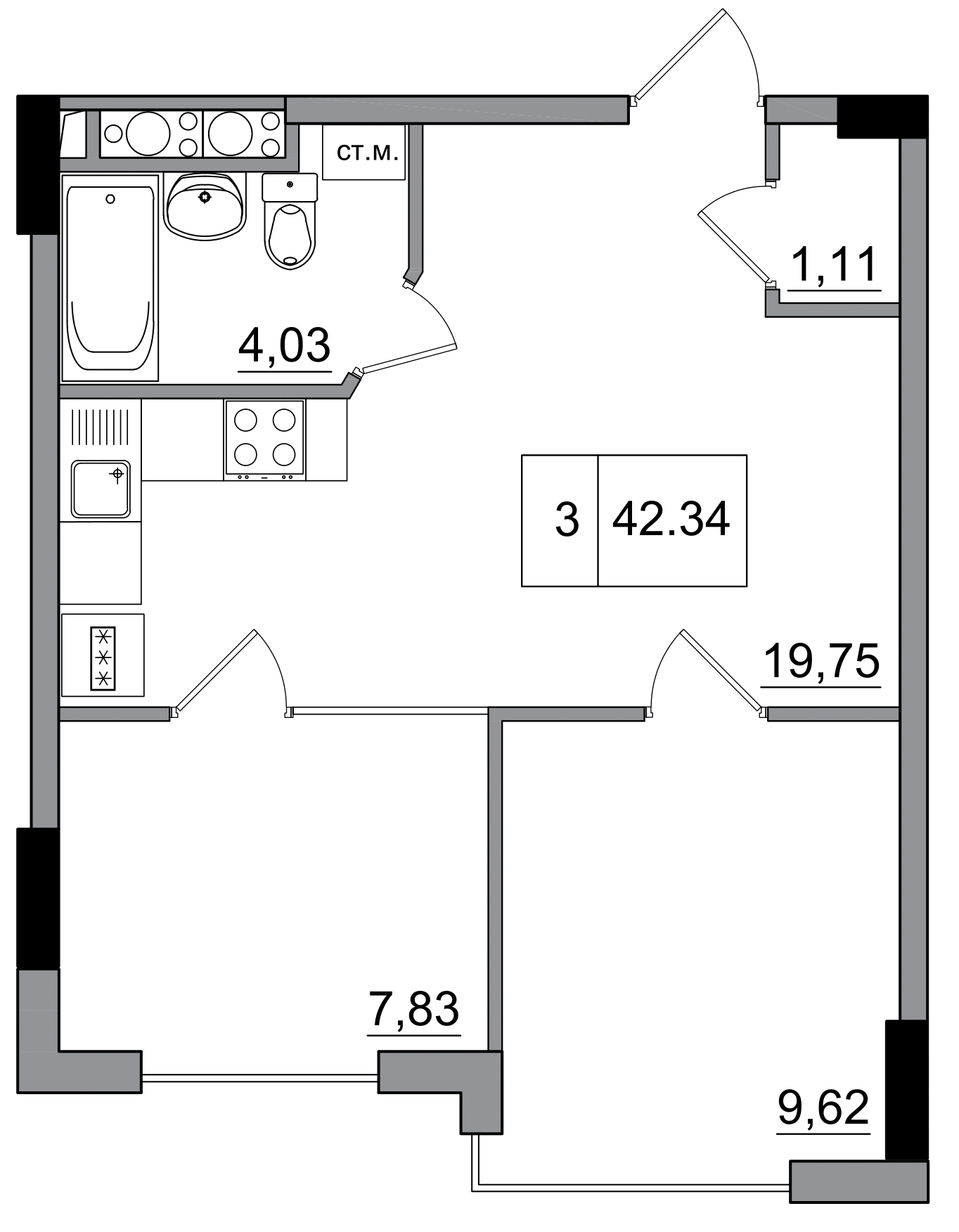 Планування 2-к квартира площею 42.34м2, AB-05-10/00002.