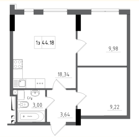 Планировка 1-к квартира площей 44.18м2, AB-04-05/00009.