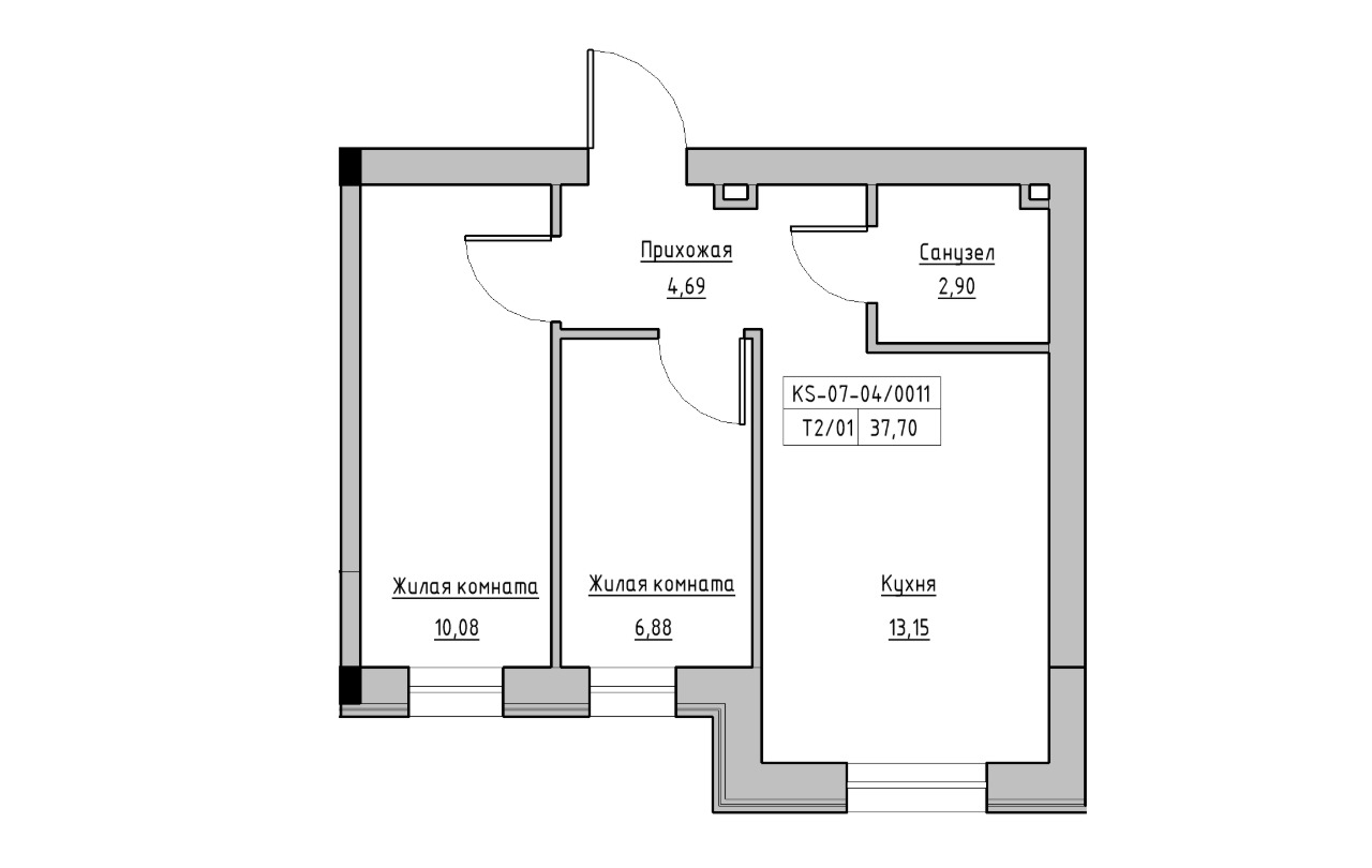 Planning 2-rm flats area 37.7m2, KS-007-04/0011.