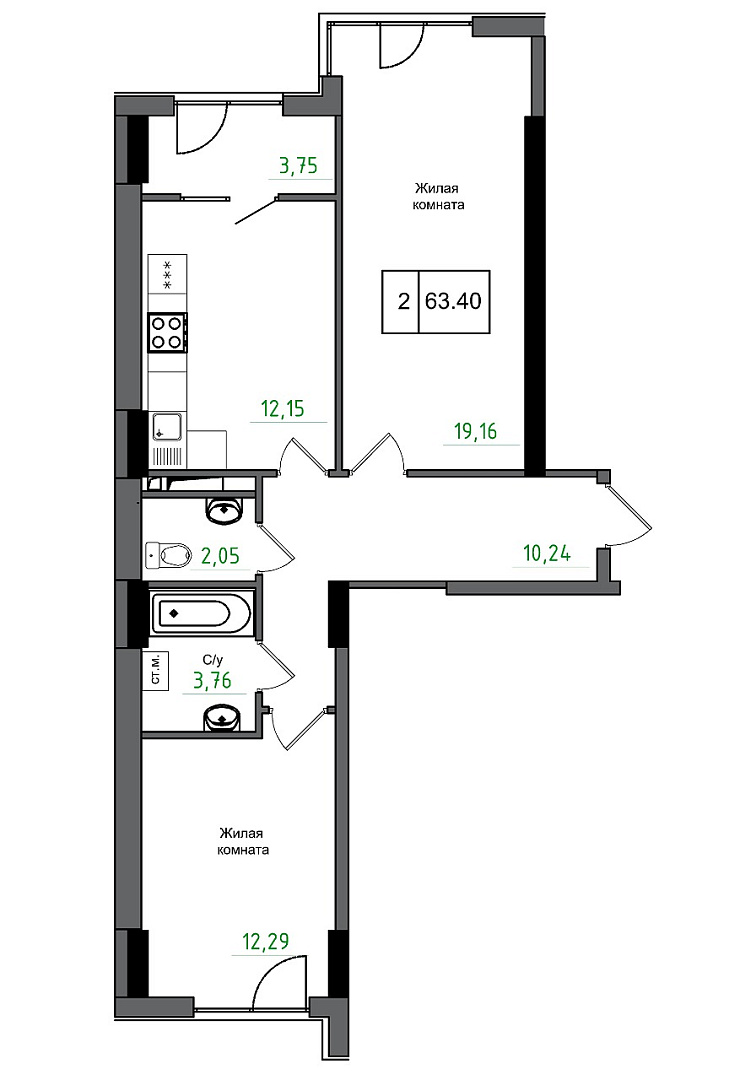 Планування 3-к квартира площею 63.4м2, AB-05-07/00003.