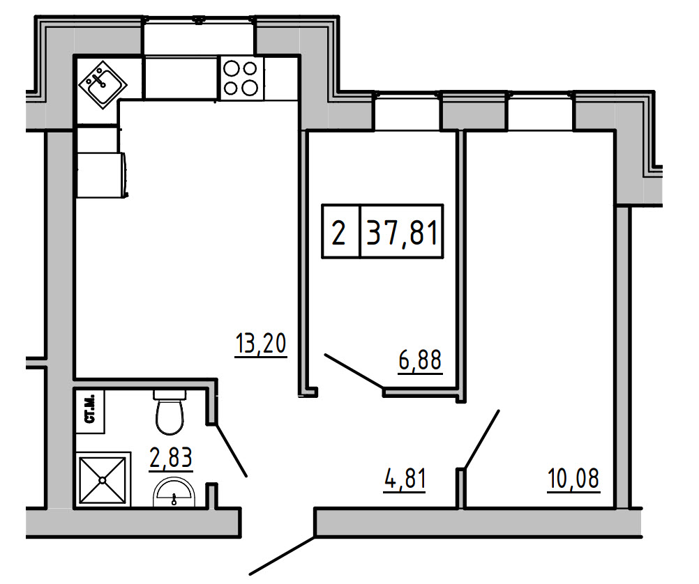 Planning 2-rm flats area 38.2m2, KS-01А-04/0002.