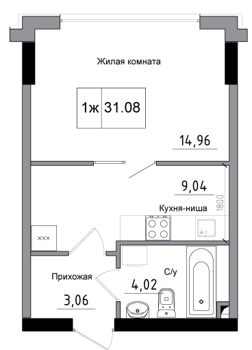Планування 1-к квартира площею 31.08м2, AB-15-01/00008.