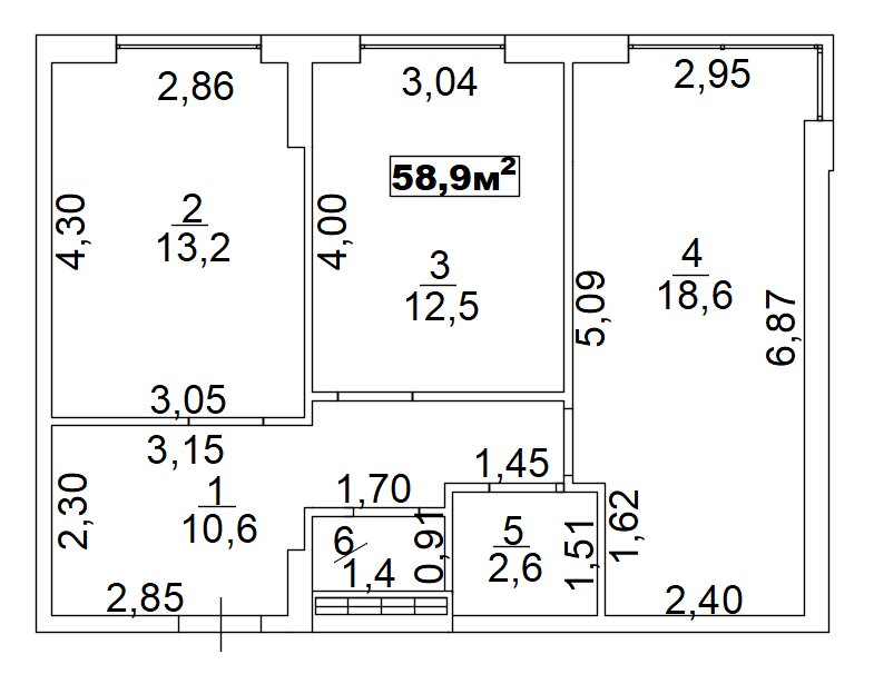 Планировка 2-к квартира площей 58.9м2, AB-02-03/00009.