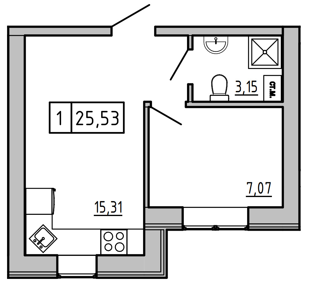 Планировка 1-к квартира площей 25.51м2, KS-01B-01/0006.