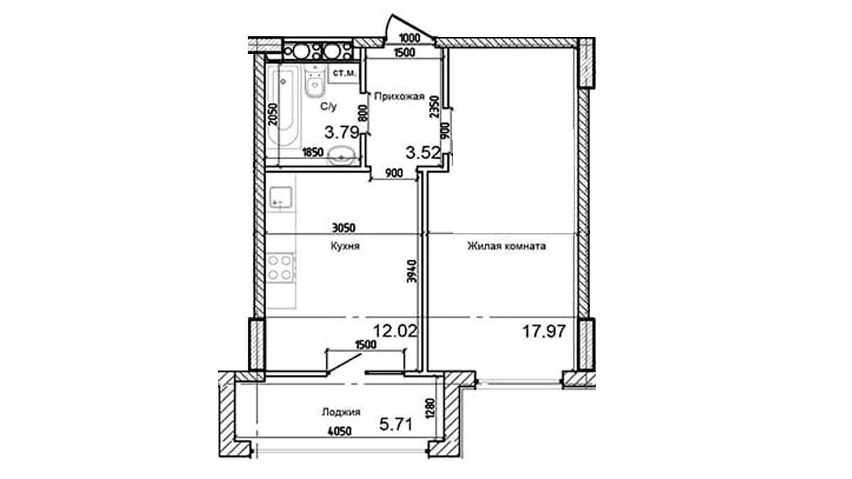 Планировка 1-к квартира площей 42.2м2, AB-03-08/00013.