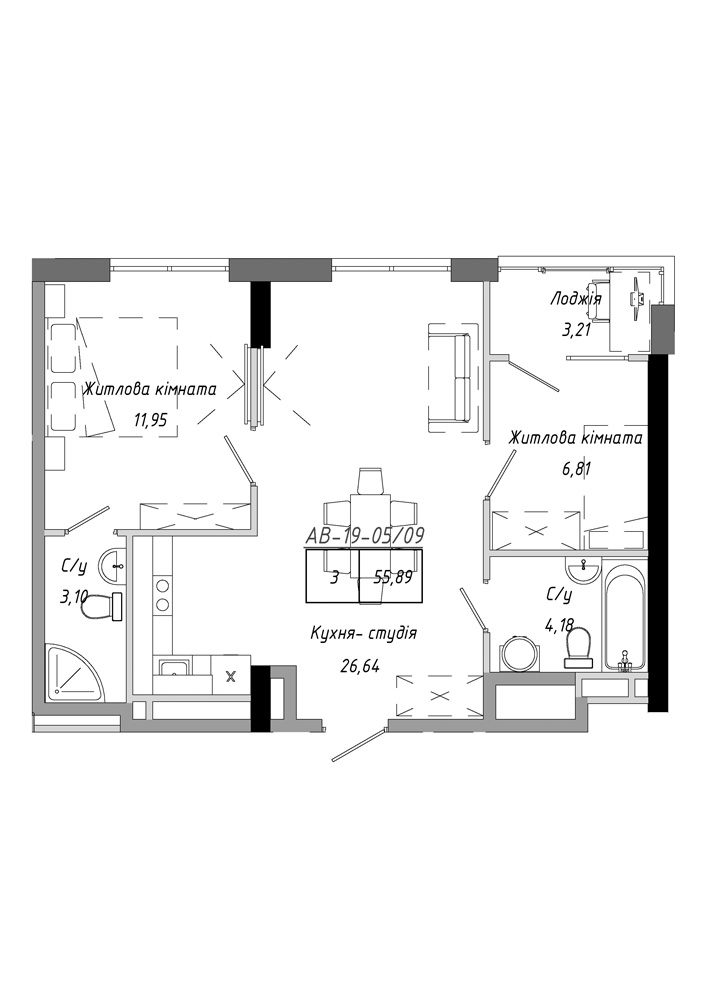 Планування 2-к квартира площею 55.89м2, AB-19-05/00009.