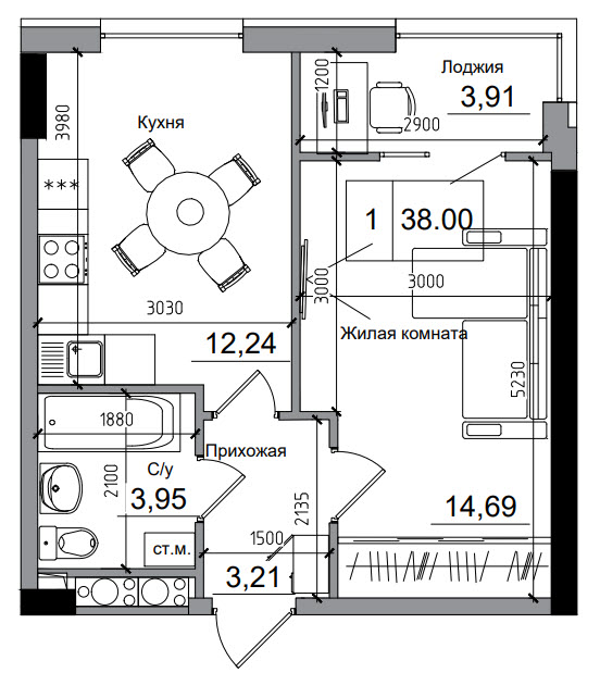 Планування 1-к квартира площею 38м2, AB-05-09/00007.