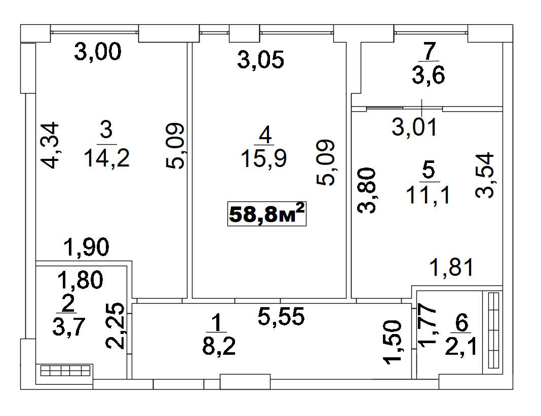 Планировка 2-к квартира площей 58.8м2, AB-02-11/00006.