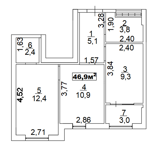 Планировка 2-к квартира площей 46.9м2, AB-02-06/00014.