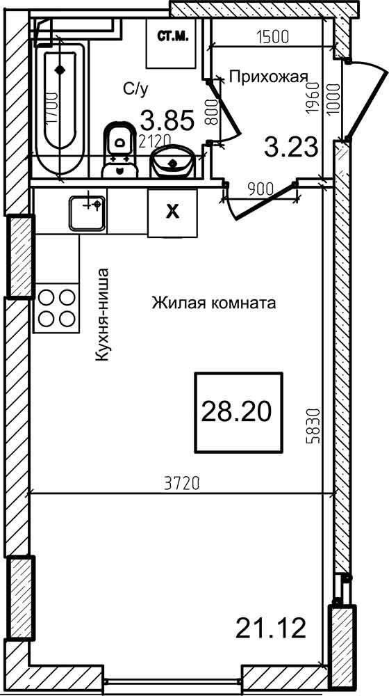 Планировка Smart-квартира площей 28.1м2, AB-08-02/00004.