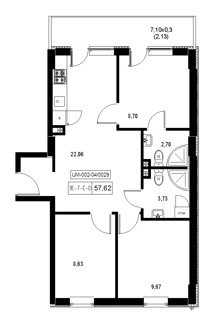 Планування 3-к квартира площею 57.62м2, 9a56b914-f413-11ea-ba9c-00155d42e31d.