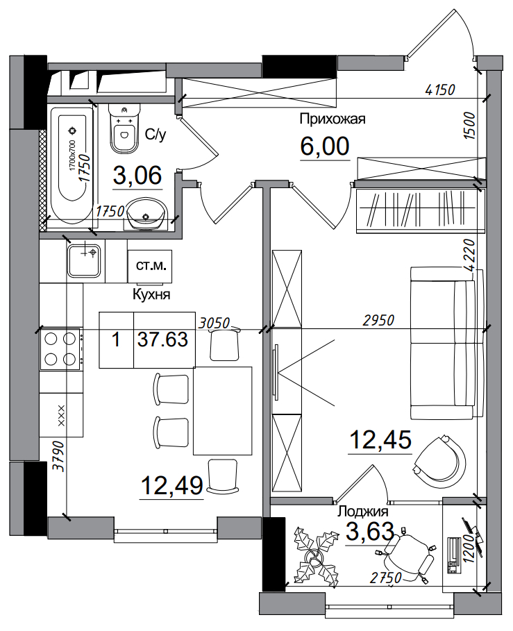 Планування 1-к квартира площею 37.63м2, AB-14-11/00004.