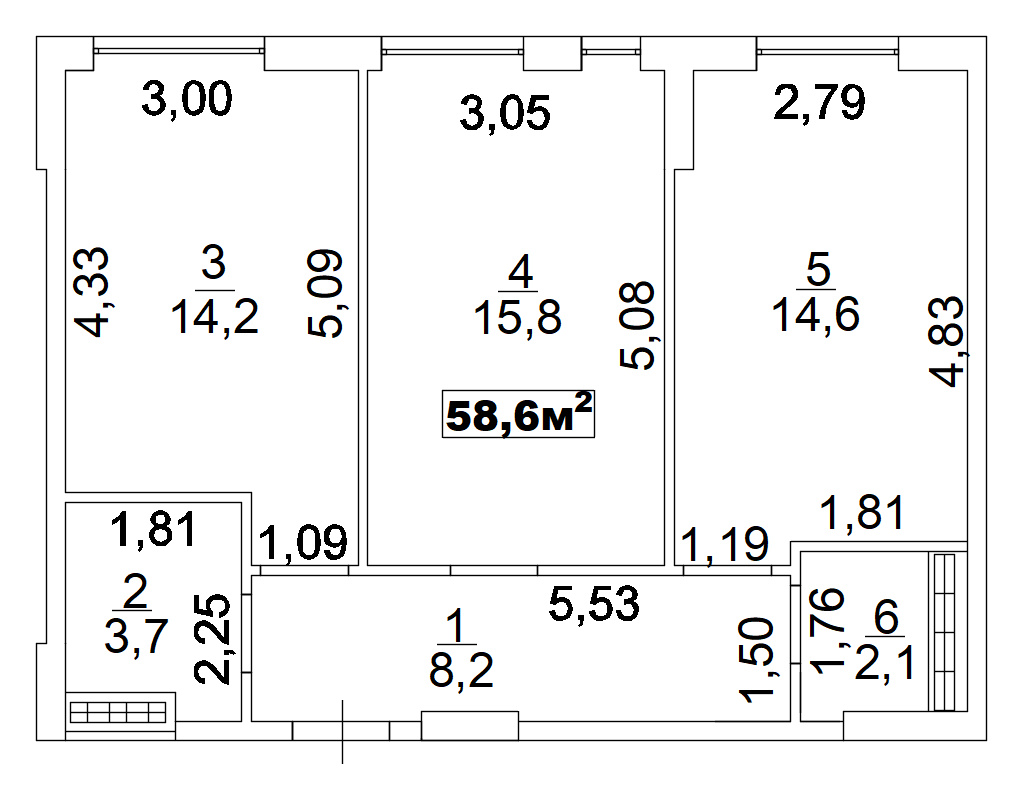 Планування 2-к квартира площею 58.6м2, AB-02-06/00006.