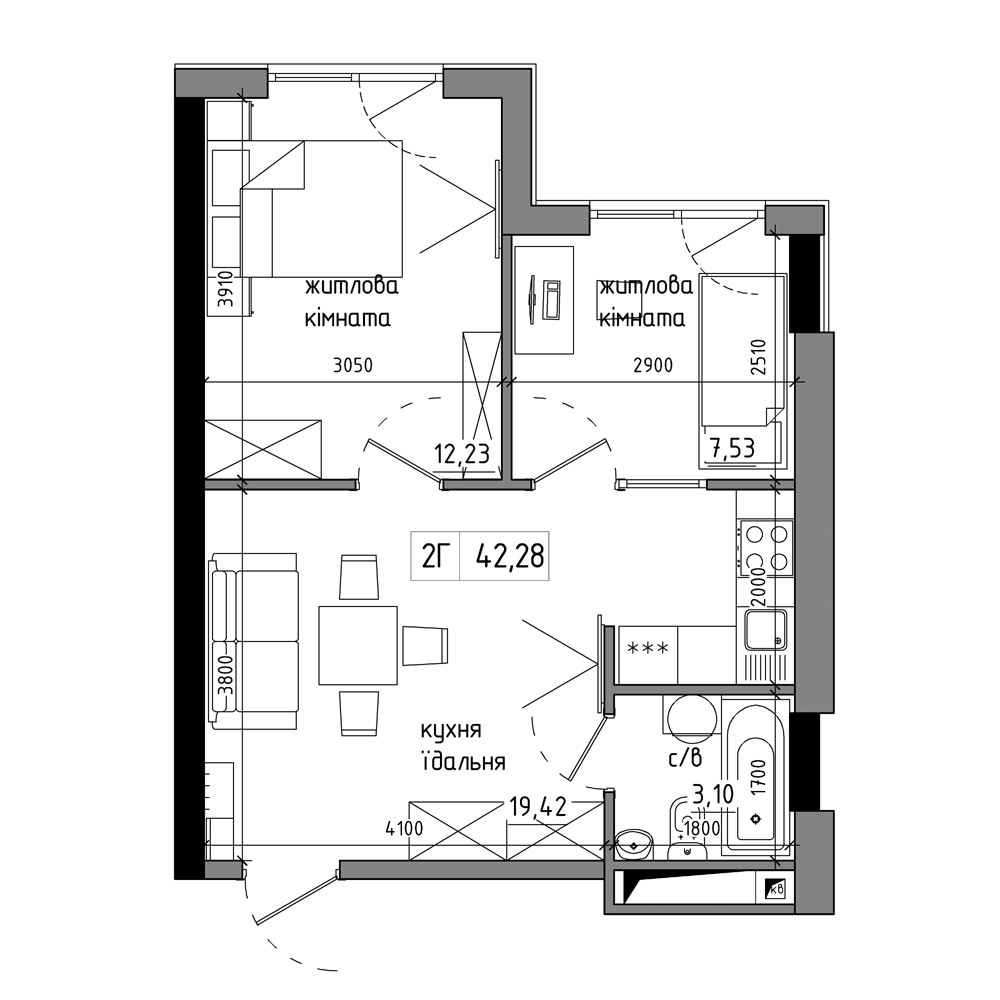 Планировка 2-к квартира площей 42м2, AB-17-10/00010.