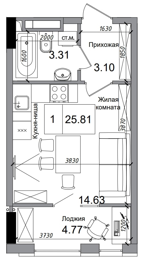 Планировка Smart-квартира площей 25.81м2, AB-04-02/00013.