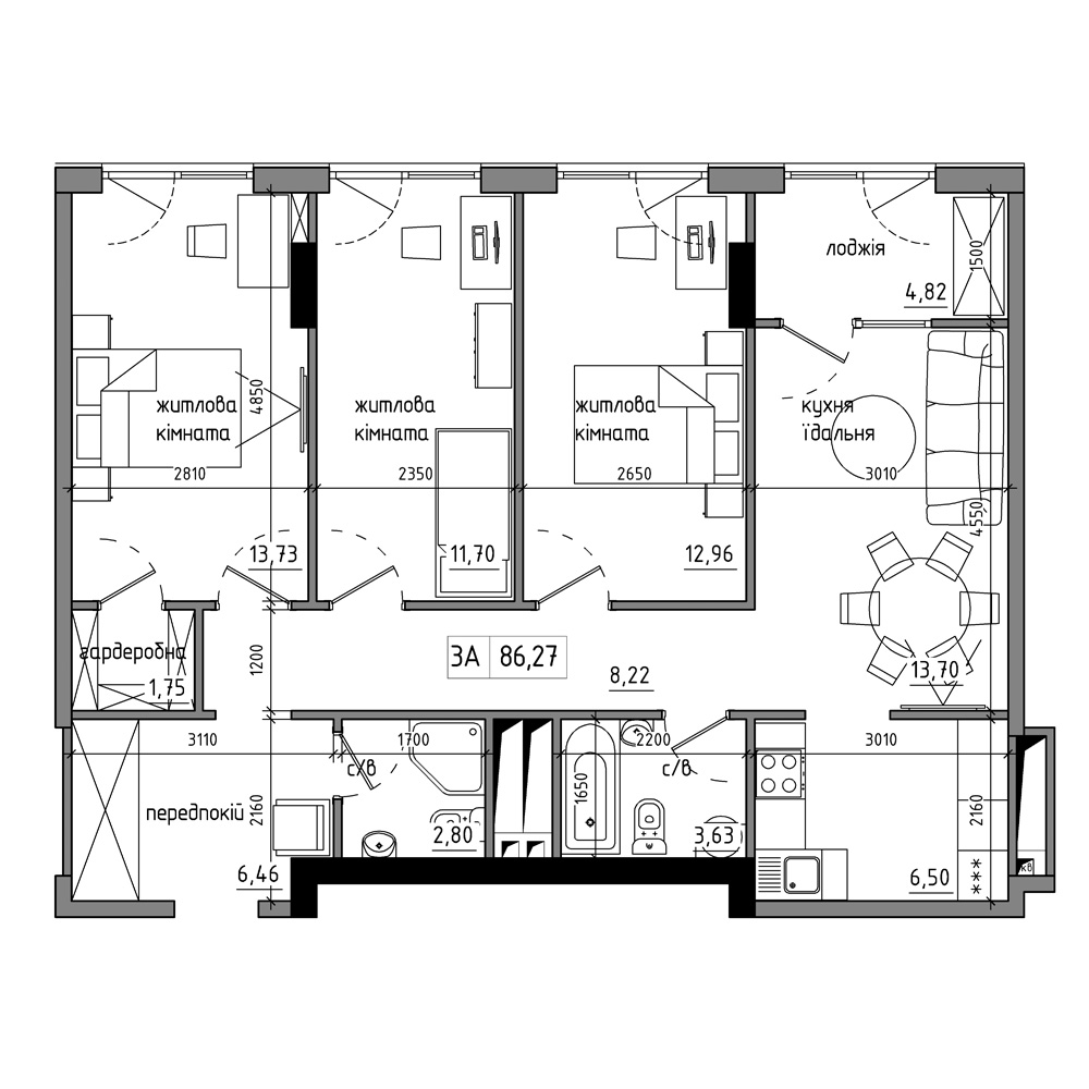 Планування 3-к квартира площею 84.19м2, AB-17-04/00007.