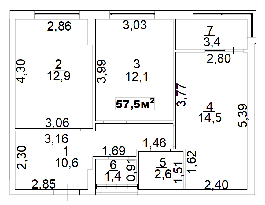 Планировка 2-к квартира площей 57.5м2, AB-02-02/00009.