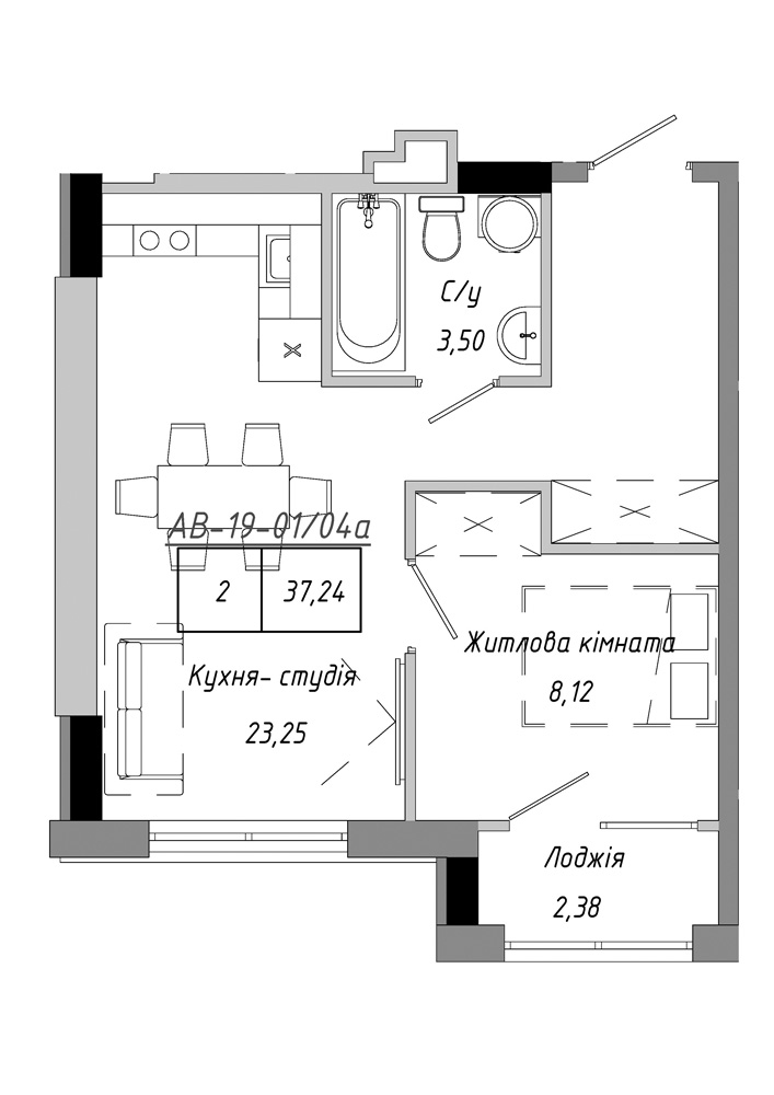 Planning 1-rm flats area 37.24m2, AB-19-01/0004а.