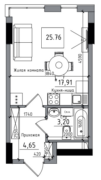 Планування Smart-квартира площею 25.76м2, AB-06-06/00006.