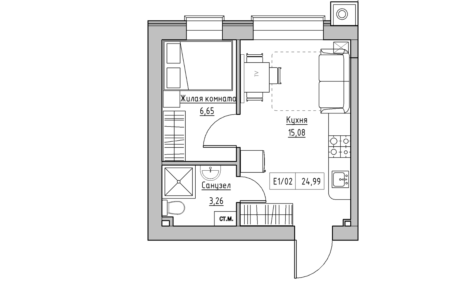 Планировка 1-к квартира площей 24.99м2, KS-014-02/0004.