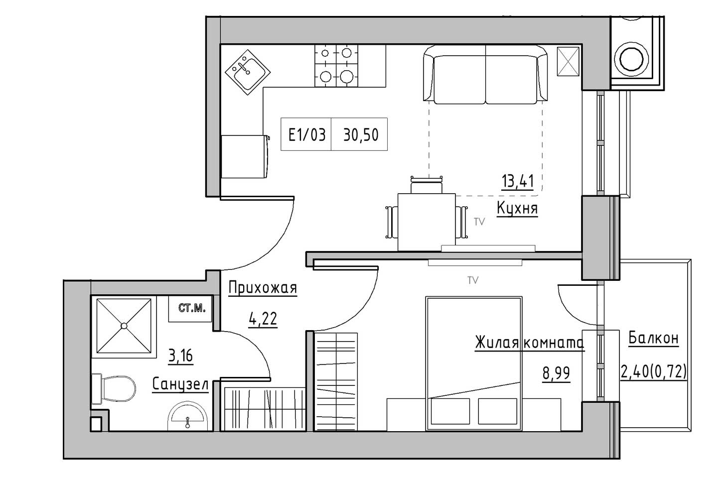 Планировка 1-к квартира площей 30.5м2, KS-009-04/0002.
