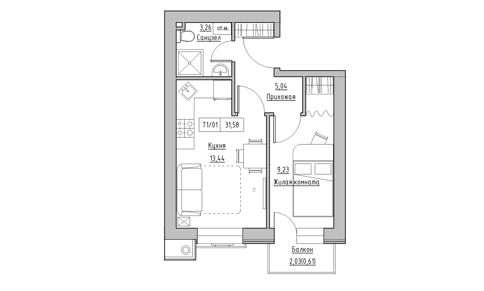 Планування 1-к квартира площею 31.58м2, KS-014-05/0003.