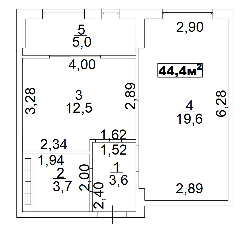 Планировка 1-к квартира площей 44.4м2, AB-02-07/00008.