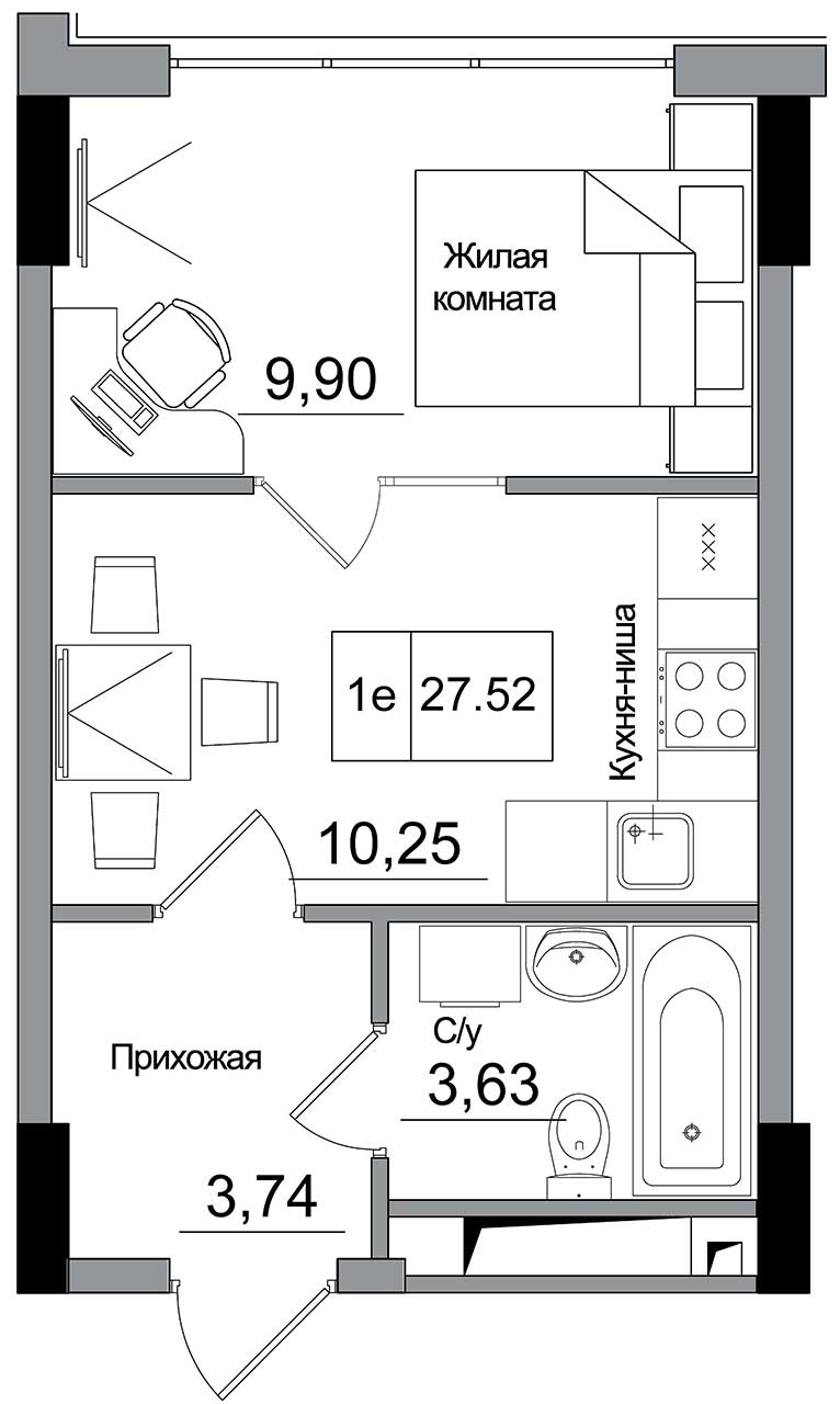 Планування 1-к квартира площею 27.52м2, AB-16-10/00009.
