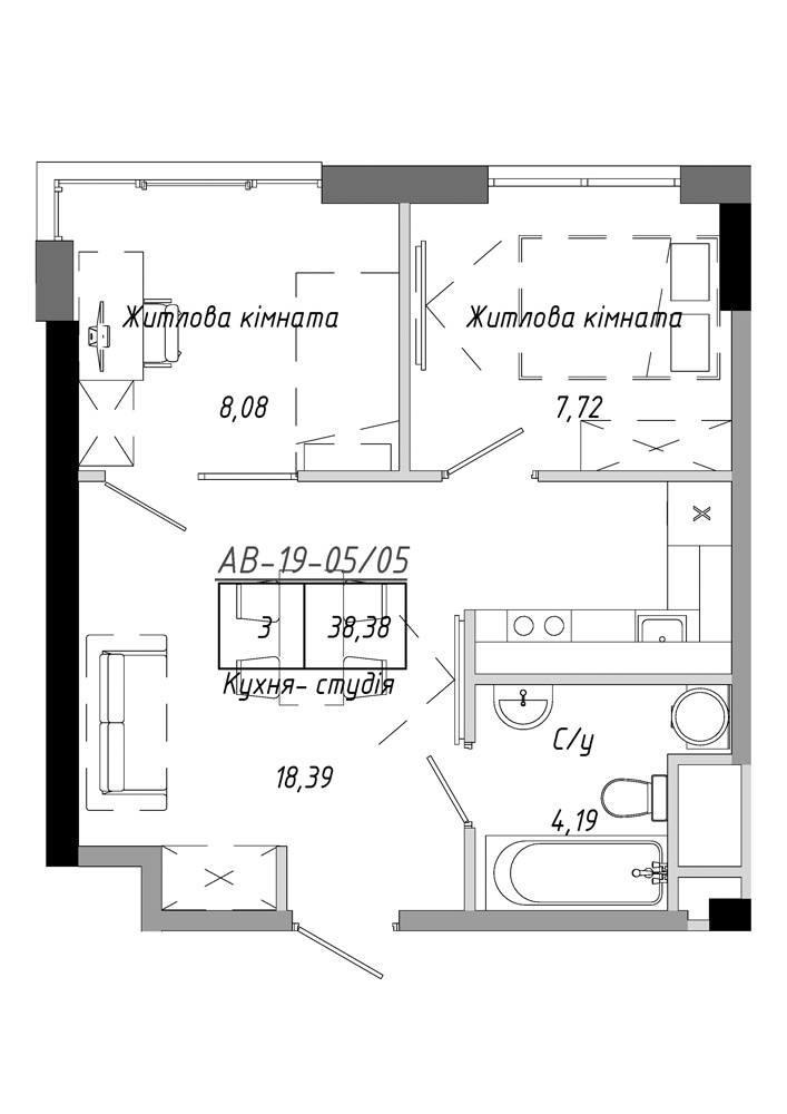 Планировка 2-к квартира площей 38.38м2, AB-19-05/00005.