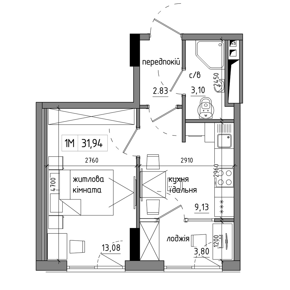 Планировка 1-к квартира площей 32.14м2, AB-17-09/00014.