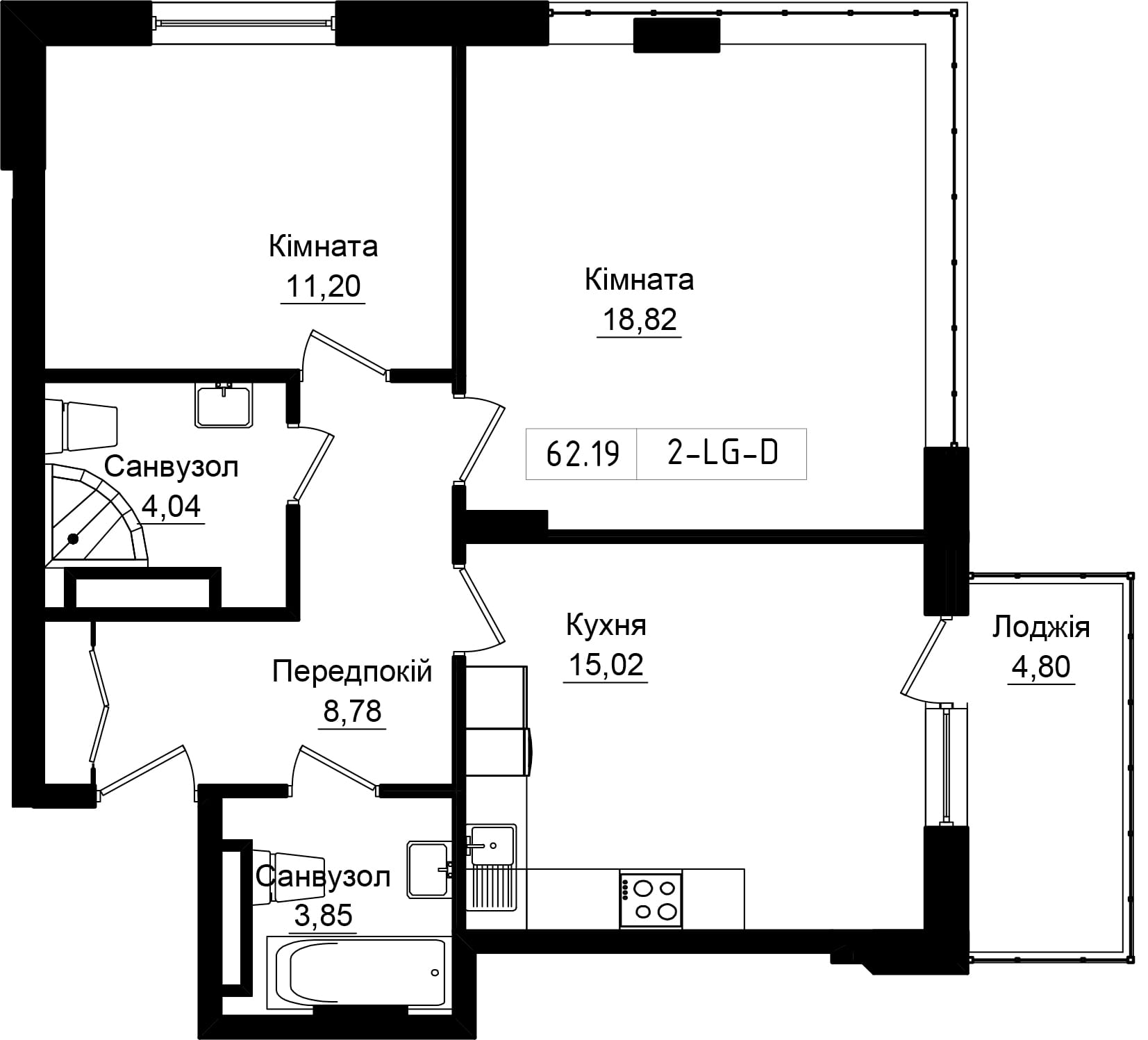 Planning 2-rm flats area 64.11m2, UR-001-12/0001.