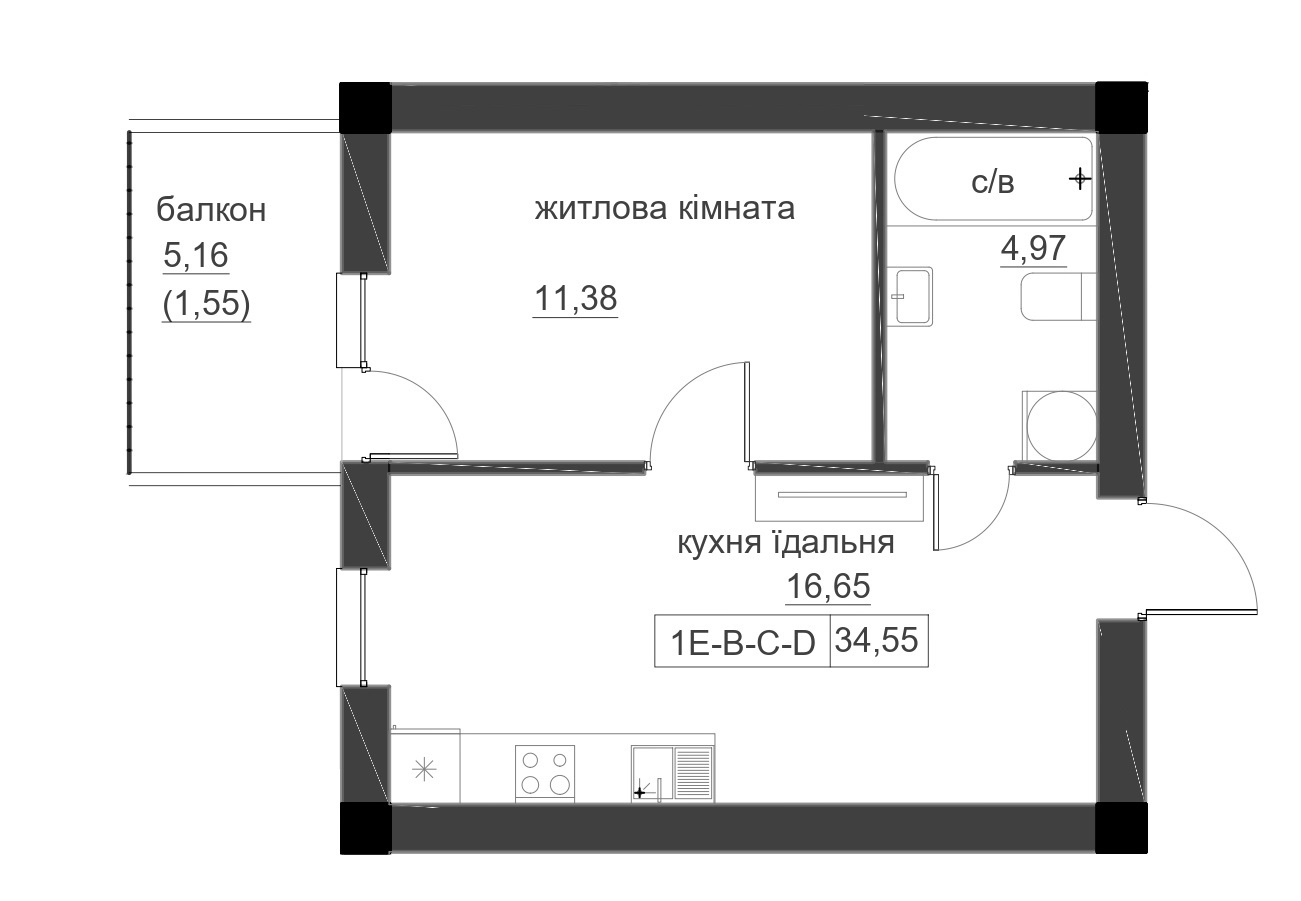 Планировка 1-к квартира площей 34.55м2, LR-005-08/0003.