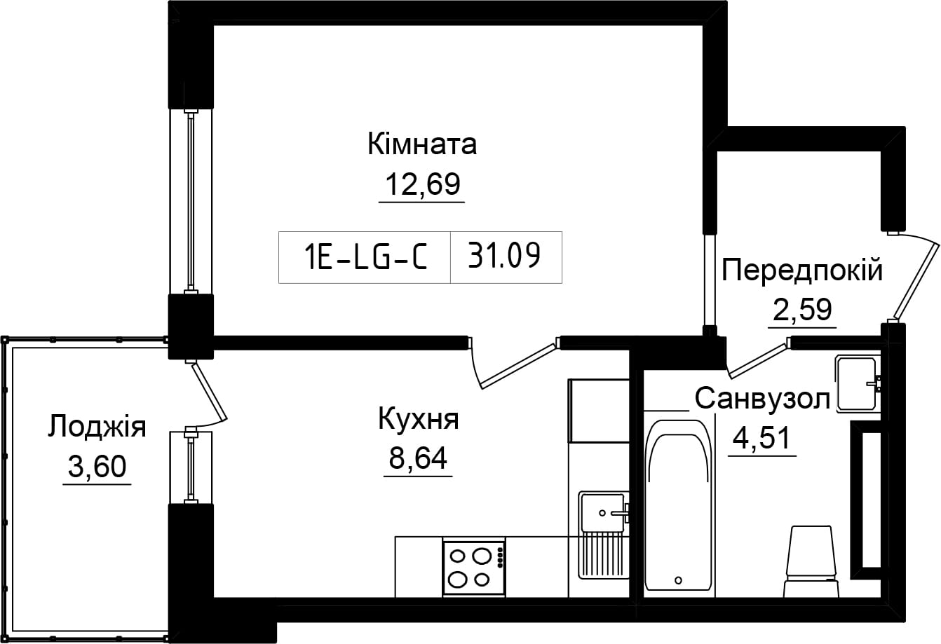 Планування 1-к квартира площею 30.23м2, UR-001-05/0007.
