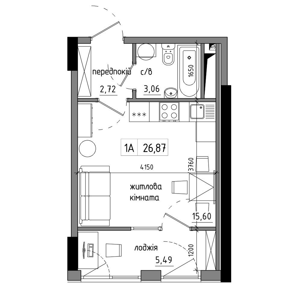 Планування Smart-квартира площею 28.03м2, AB-17-08/00001.