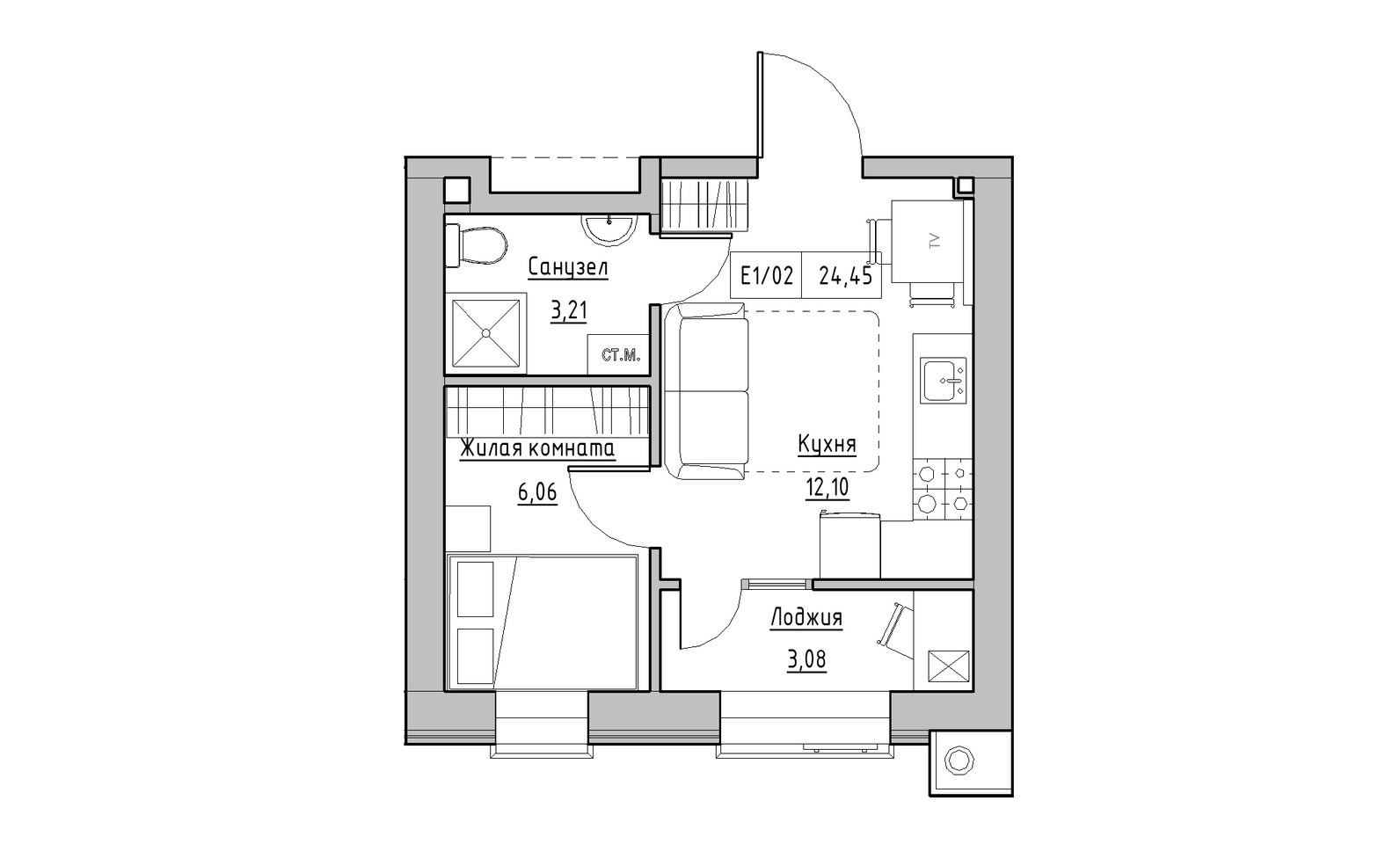 Планировка 1-к квартира площей 24.45м2, KS-014-05/0002.
