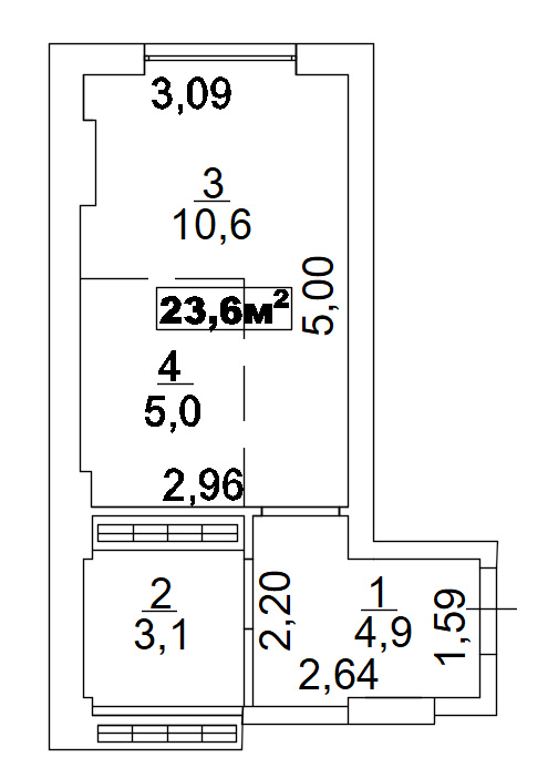 Planning Smart flats area 23.6m2, AB-02-03/0004б.