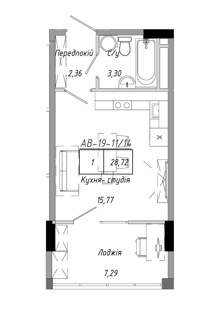 Планировка Smart-квартира площей 28.72м2, AB-19-11/00014.