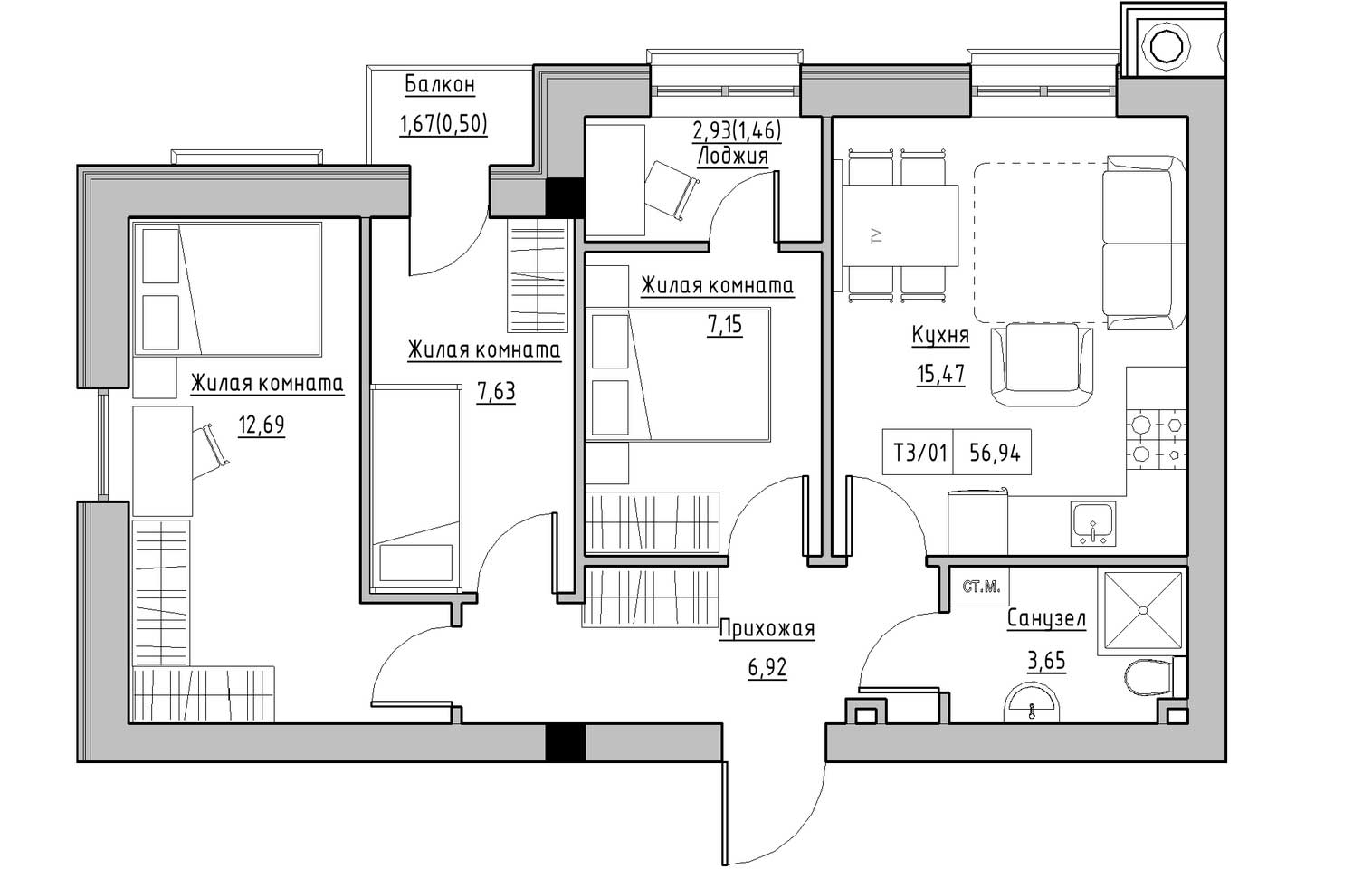 Planning 3-rm flats area 56.94m2, KS-009-02/0006.