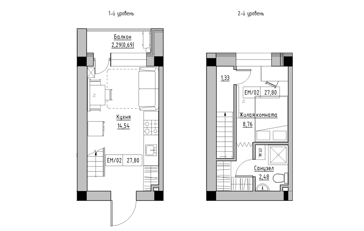 Planning 2-lvl flats area 27.8m2, KS-013-05/0007.