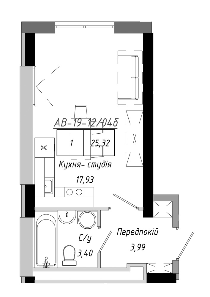 Планування Smart-квартира площею 25.32м2, AB-19-12/0004б.