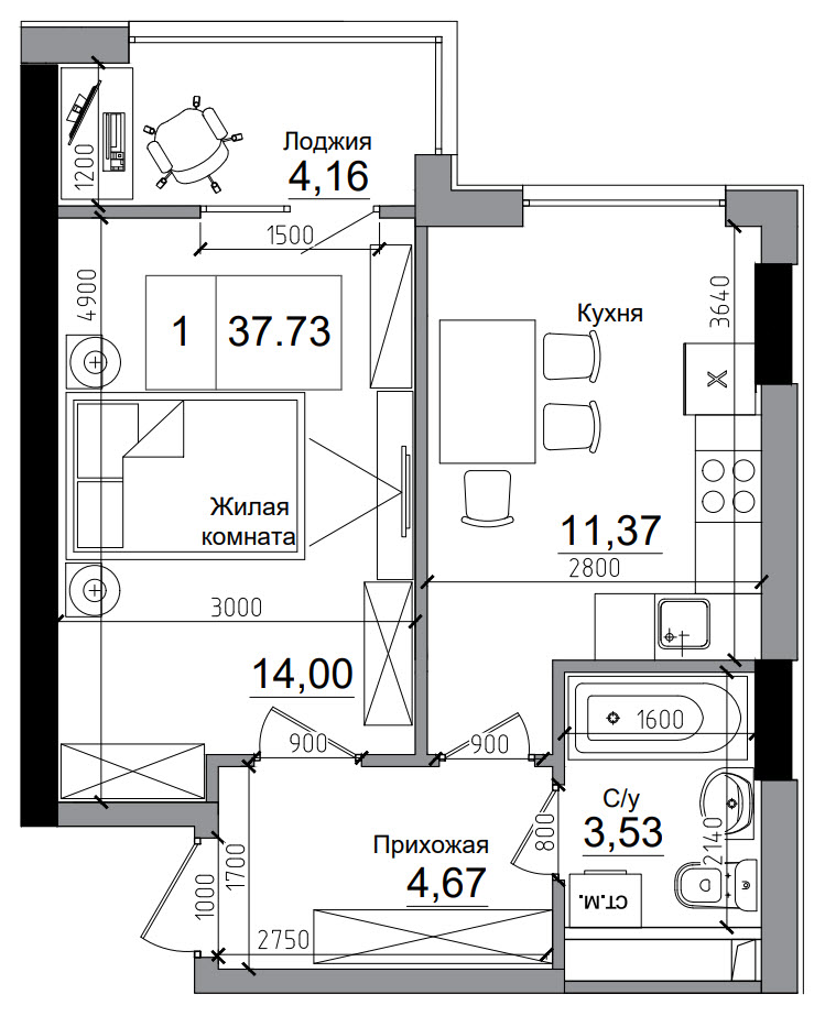 Планування 1-к квартира площею 37.73м2, AB-11-08/00011.