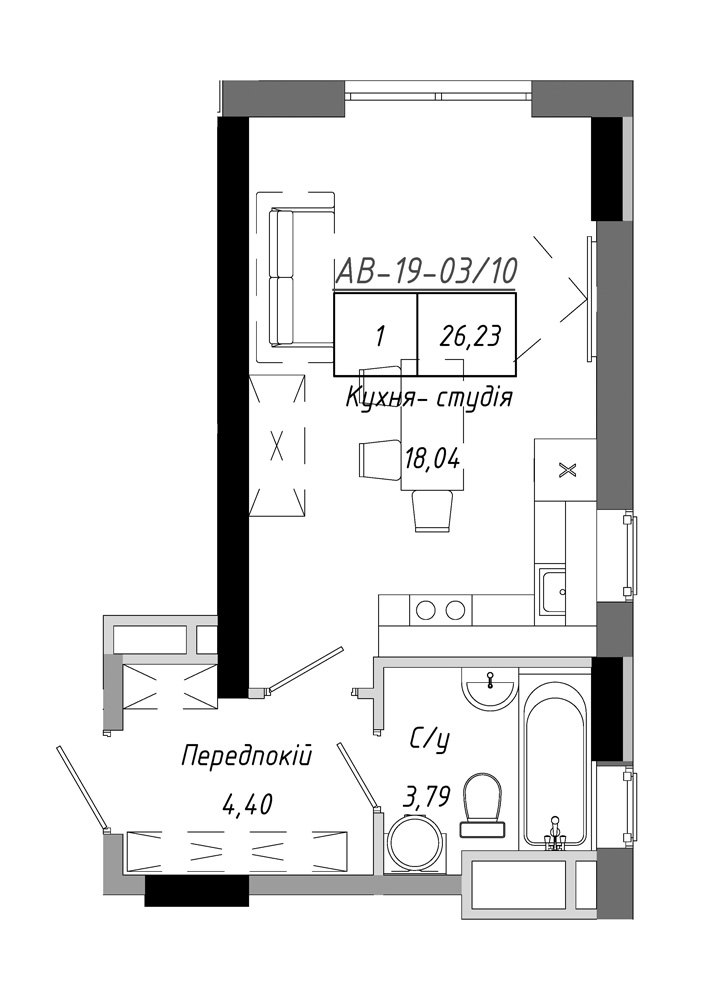 Планування Smart-квартира площею 26.23м2, AB-19-03/00010.