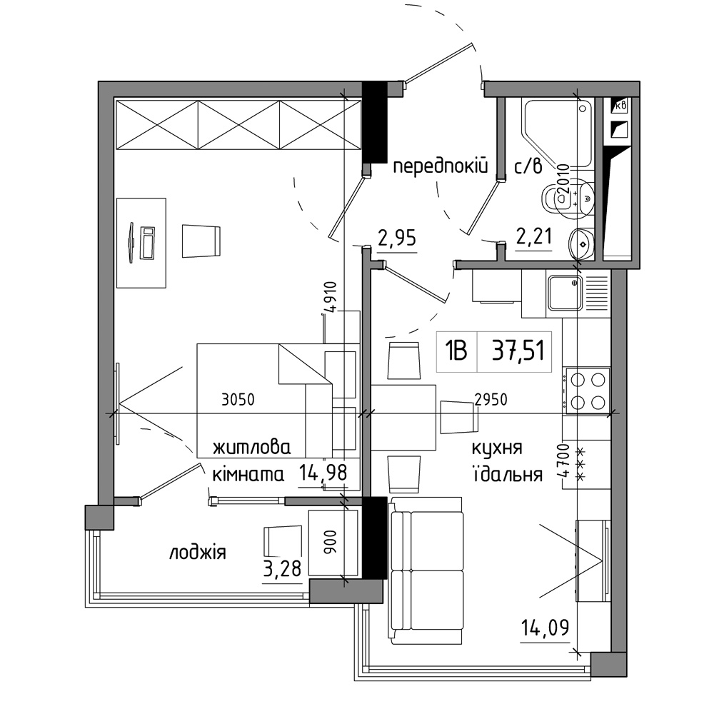 Планировка 1-к квартира площей 37.51м2, AB-17-09/00003.