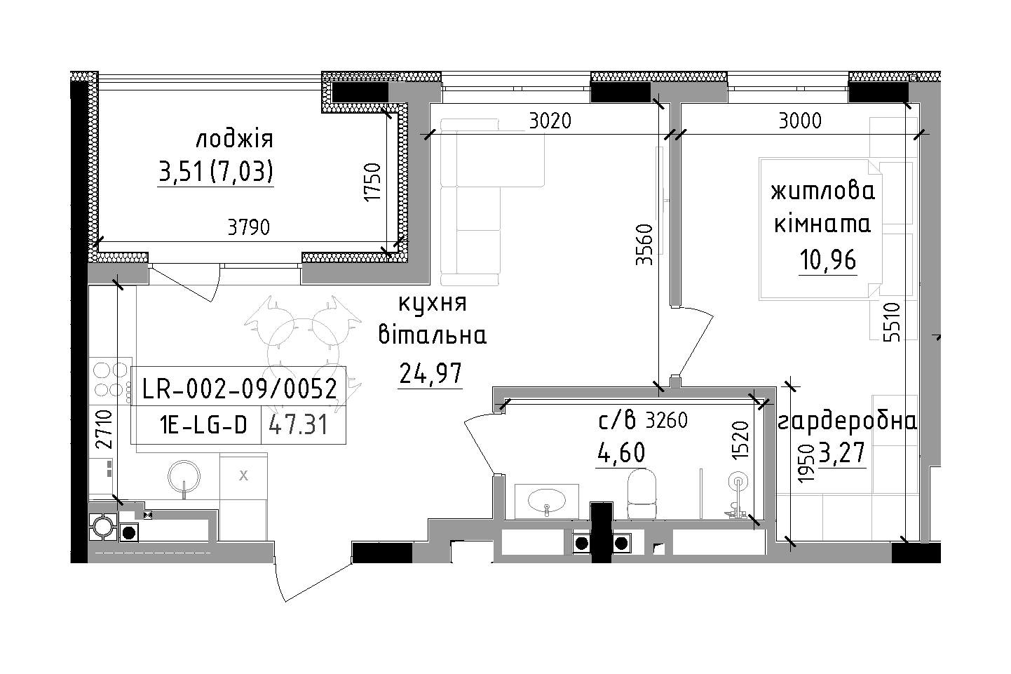 Планування 1-к квартира площею 47.31м2, LR-002-09/0052.