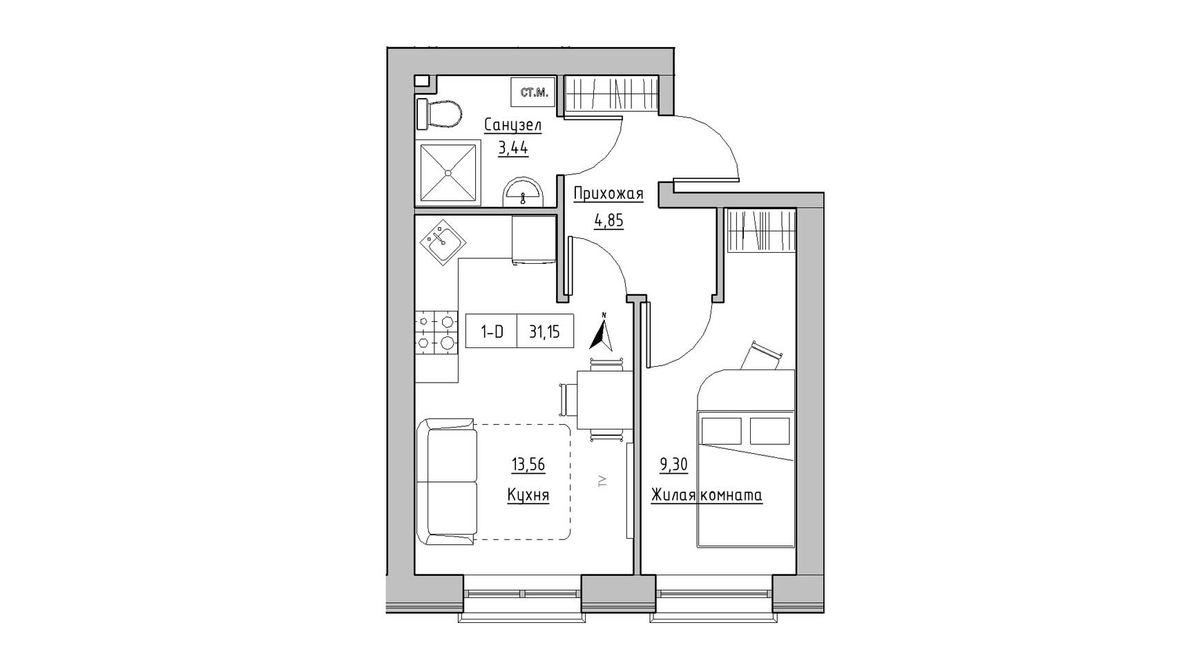 Планировка 1-к квартира площей 31.15м2, KS-010-01/0003.