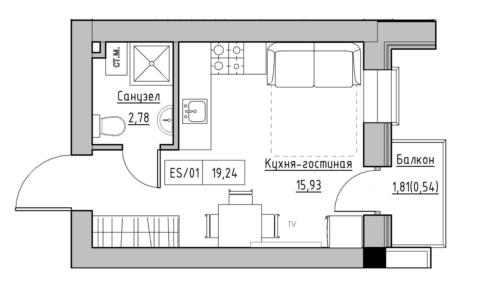 Планування Smart-квартира площею 19.24м2, KS-014-05/0013.