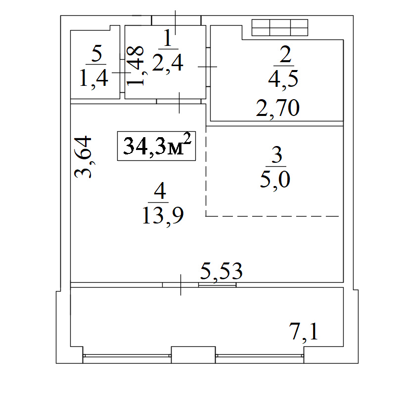 Планування Smart-квартира площею 34.3м2, AB-10-09/00074.